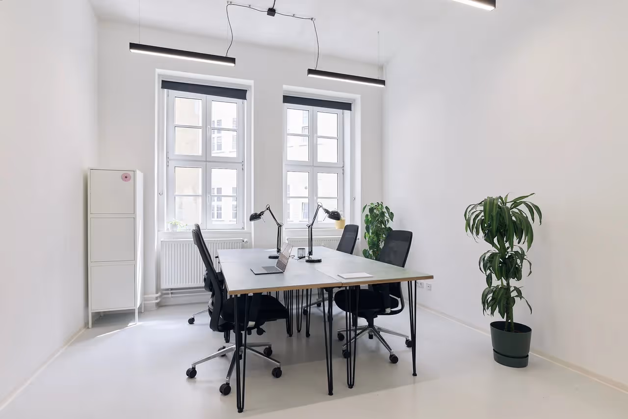 Heller Raum mit Tisch, vier schwarzen Bürostühlen, Pflanzen, Hängelampen und großen Fenstern.
