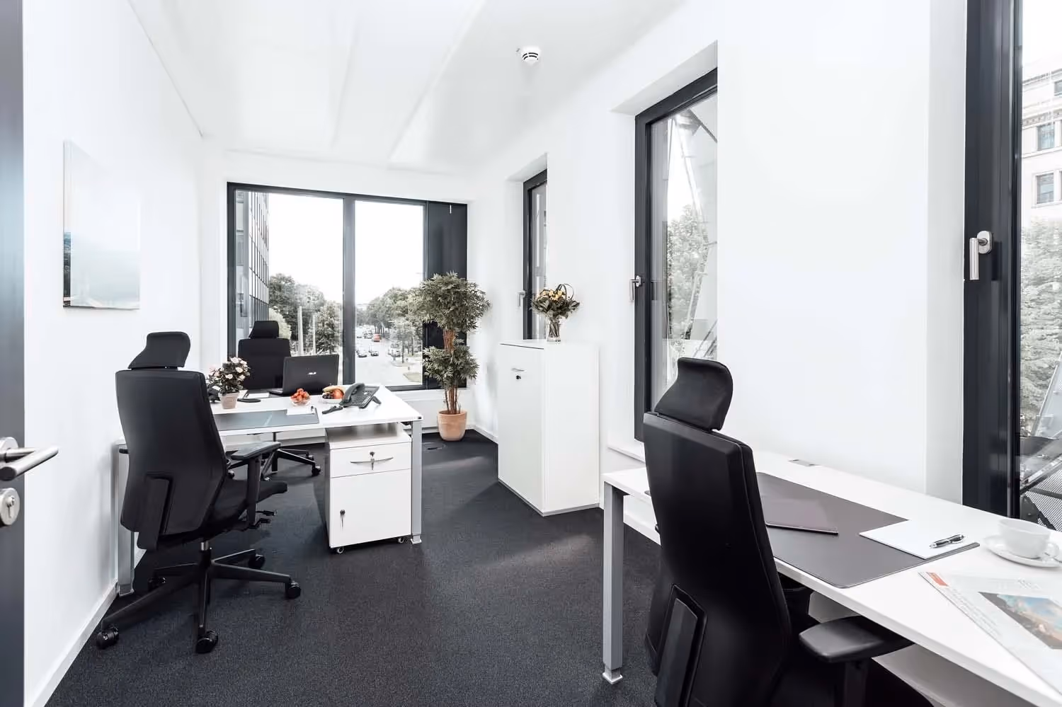 Helles Büro mit zwei Schreibtischen, schwarzen Stühlen, großen Fenstern und Pflanzen auf dunklem Teppichboden.