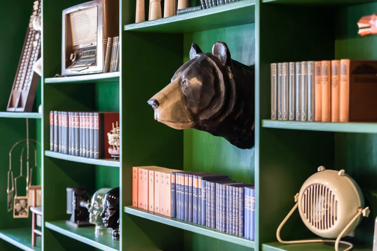 Grünes Regal mit Büchern, Bärenkopf-Skulptur, antikem Radio und dekorativen Objekten.