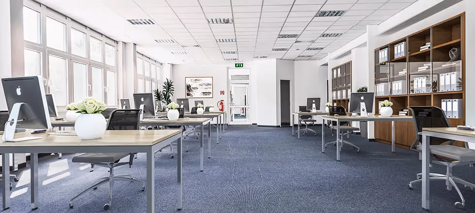 Großzügiger Büroraum mit grauen Schreibtischen, iMacs, blauen Teppichboden, großen Fenstern und Regalen voller Ordner.