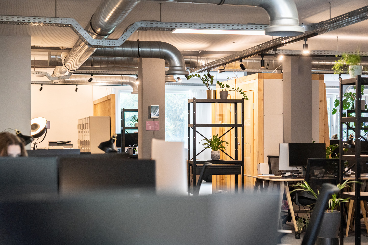 Industrieller Coworking-Raum mit Pflanzen, Holztrennwänden, Schreibtischen, Lampen und sichtbaren Lüftungsrohren.