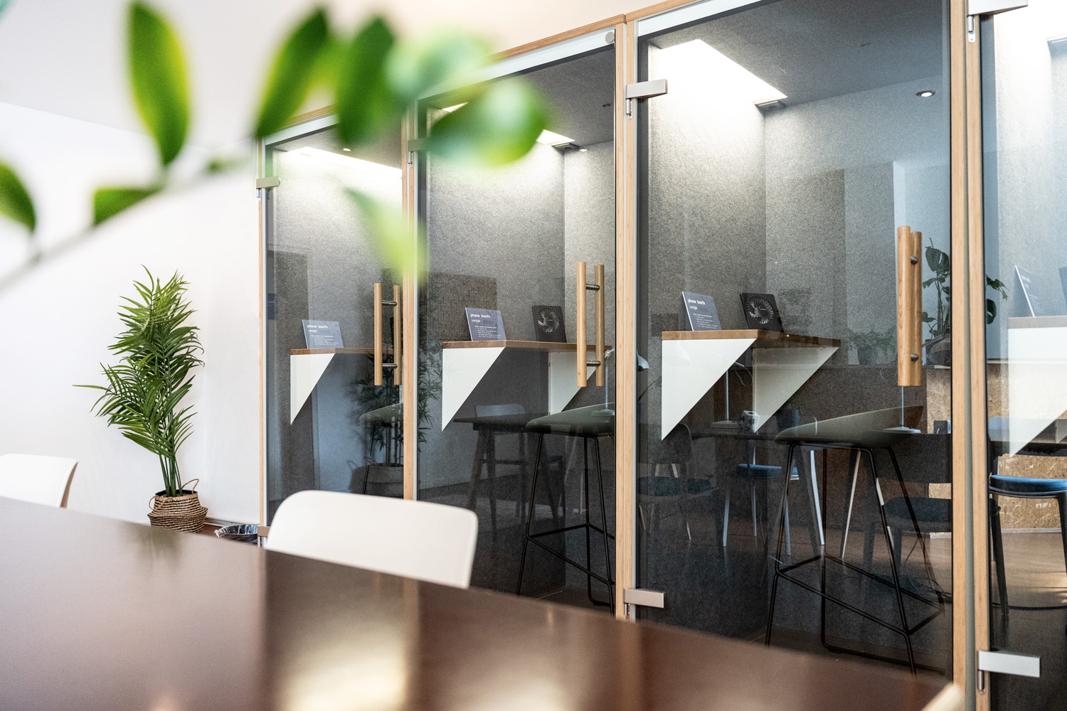 Helle Telefonkabinen mit Holztüren und grauen Wänden, Pflanze im Korb, Holztisch im Vordergrund.