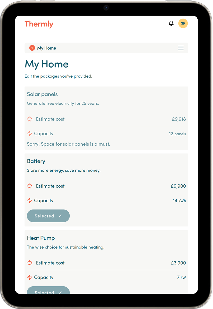 Tablet device displaying an example of a Thermly customer account page