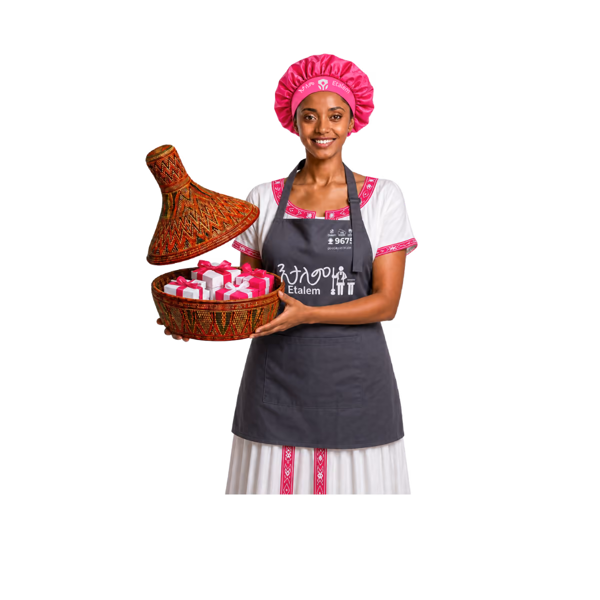 Etalem professional with a basket of gifts