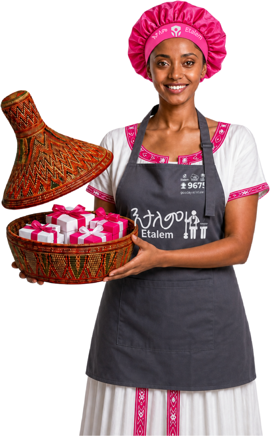 Etalem host holding a mesob of gifts