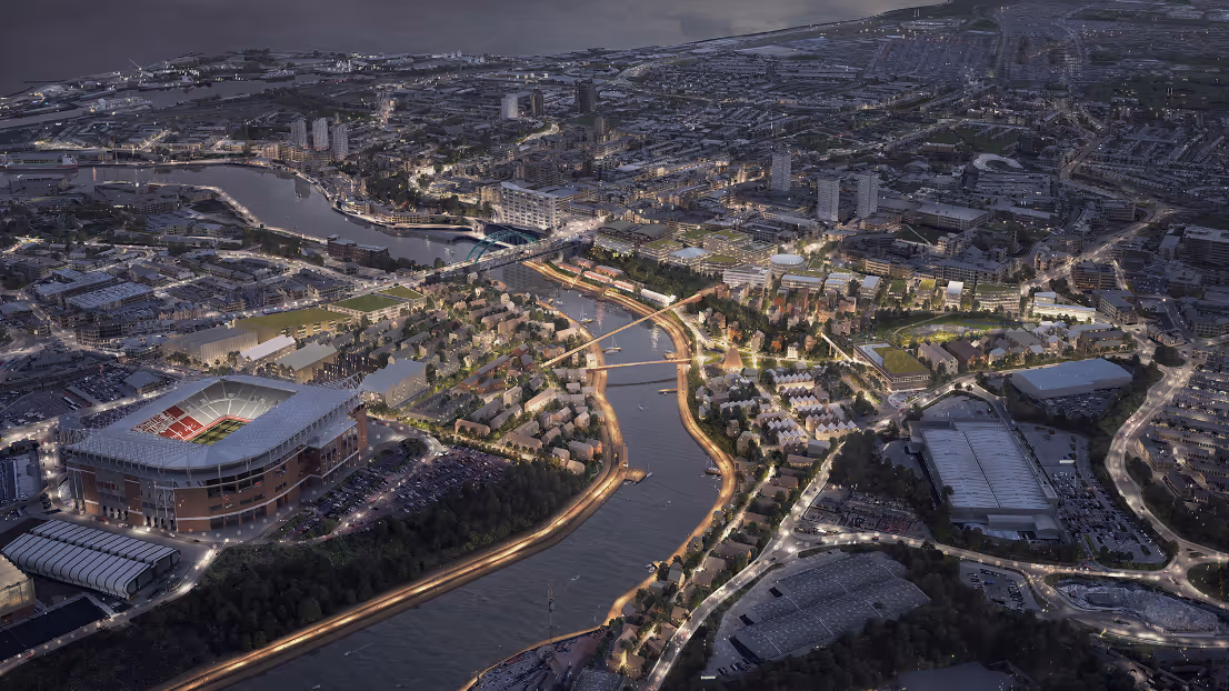 CGI of masterplan, shown in a night setting