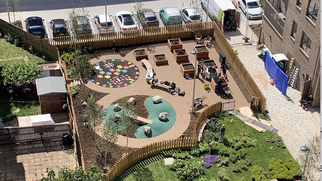 Aerial view of Joyce Newman building and community garden