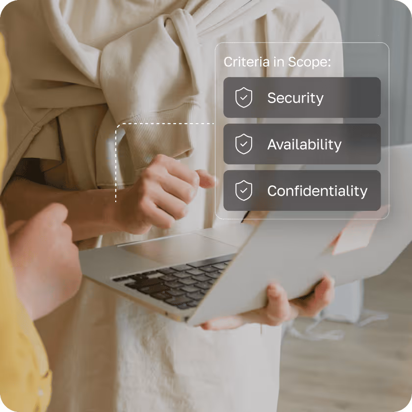 Two people discussing while holding a laptop with a translucent overlay listing criteria in scope: Security, Availability, and Confidentiality.