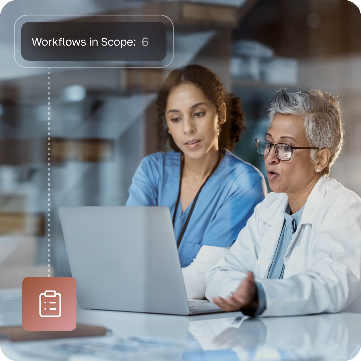 Two healthcare professionals looking at a laptop screen, with an overlay showing 'Workflows in Scope: 6' and a clipboard icon.