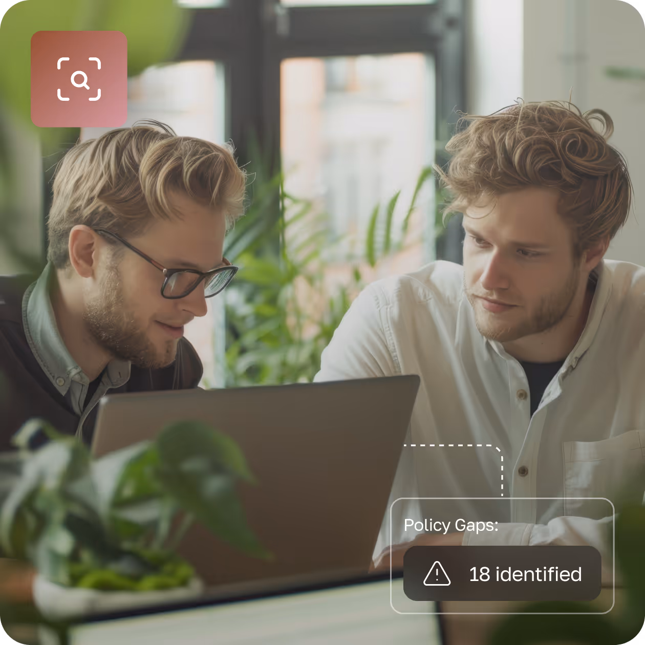 Two healthcare professionals looking at a laptop screen, with an overlay showing 'Workflows in Scope: 6' and a clipboard icon.