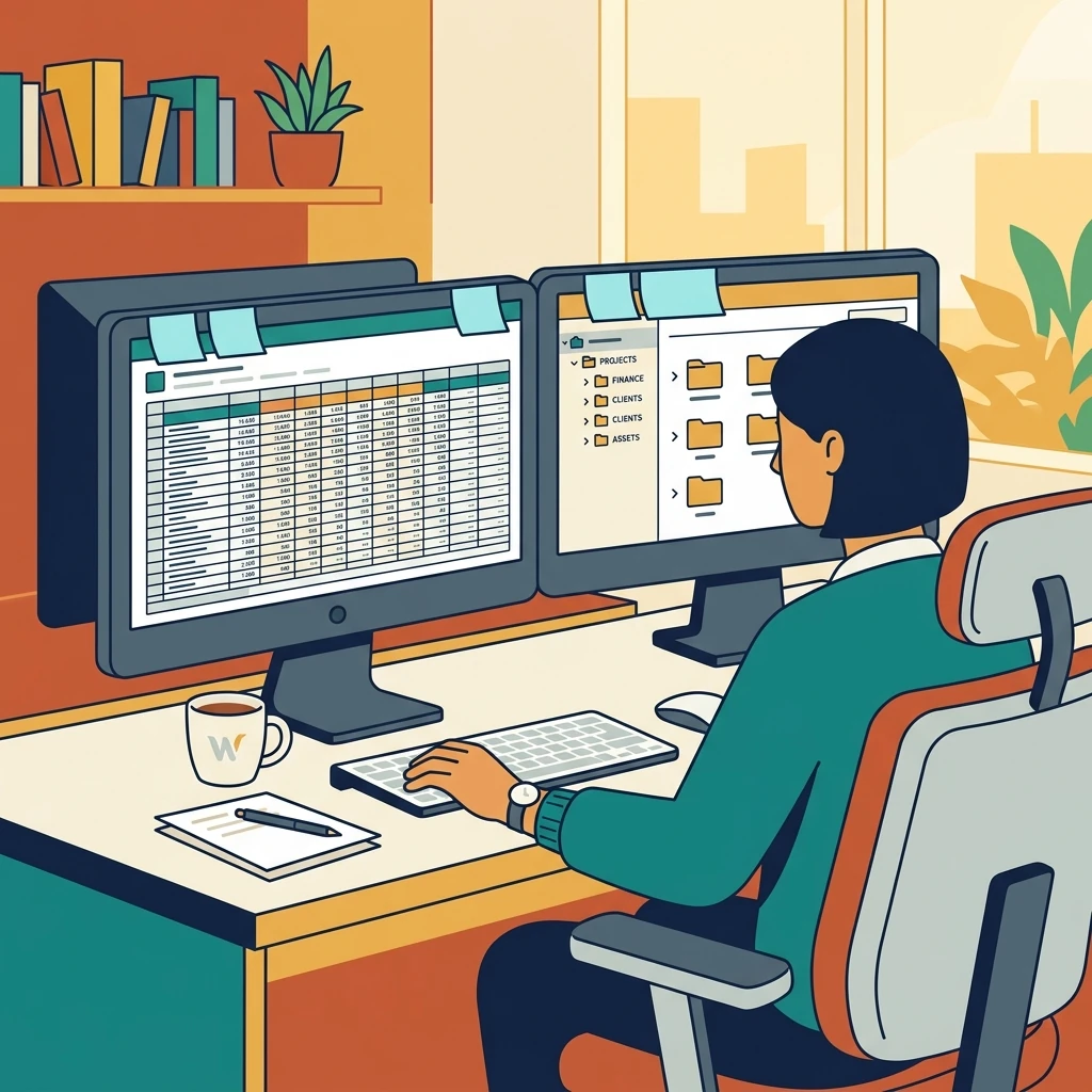 A person at a dual-monitor workspace reviewing a dense spreadsheet on one screen and a document folder structure on the other