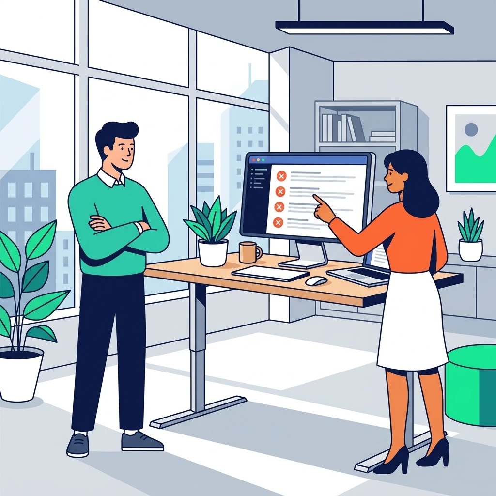 Two professionals in a modern office reviewing documentation together at a standing desk