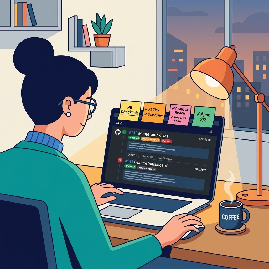 A compliance professional reviewing pull request logs on a laptop screen