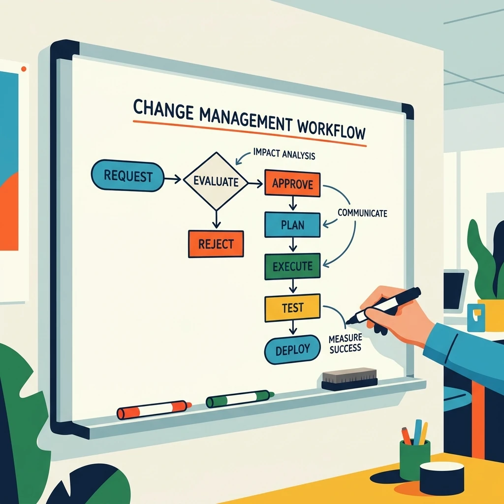 A whiteboard in a tech office with a hand-drawn flowchart showing a change management workflow, colored markers on the ledge