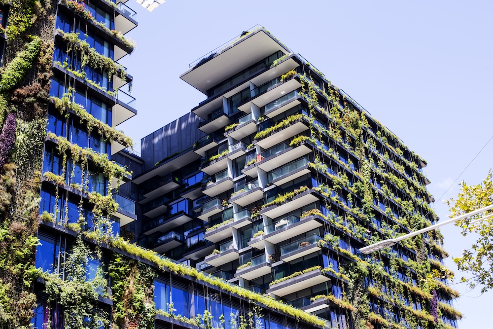 sustainable buildings covered in greenery