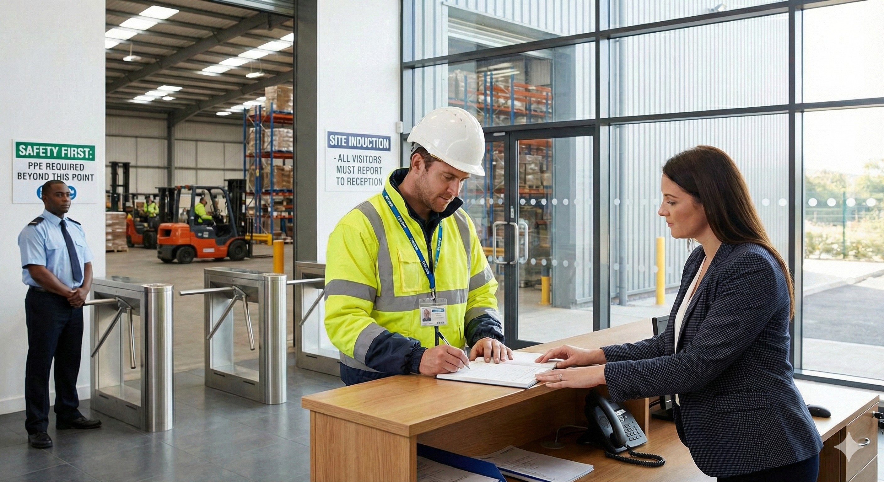 A professional health and safety manager reviews paperwork with a warehouse team. The manager stands at a white table holding a clipboard, while four workers wearing white hard hats and yellow high-visibility vests listen attentively. The setting is a clean, modern industrial office with large windows showing warehouse shelves and safety posters on the wall, bathed in soft natural light.