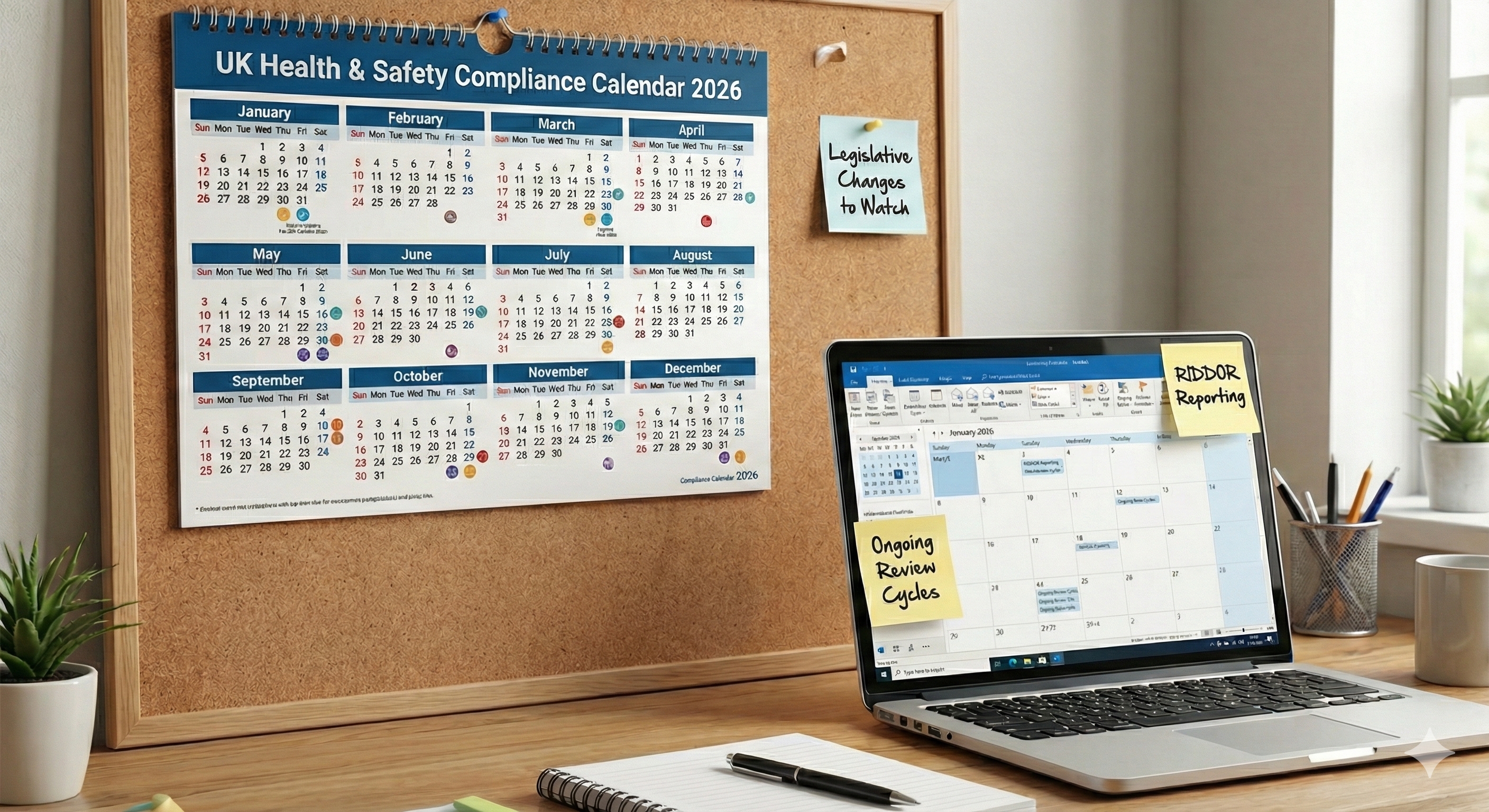 Infographic of a 2026 UK Health and Safety compliance calendar for workplace planning, featuring key regulatory deadlines, awareness weeks, and safety reporting reminders in a professional office setting.