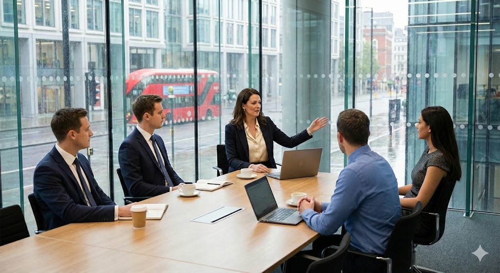 Professional meeting in a modern office, safety manager in business attire speaking with colleagues around a conference table, natural daylight from windows, UK corporate environment