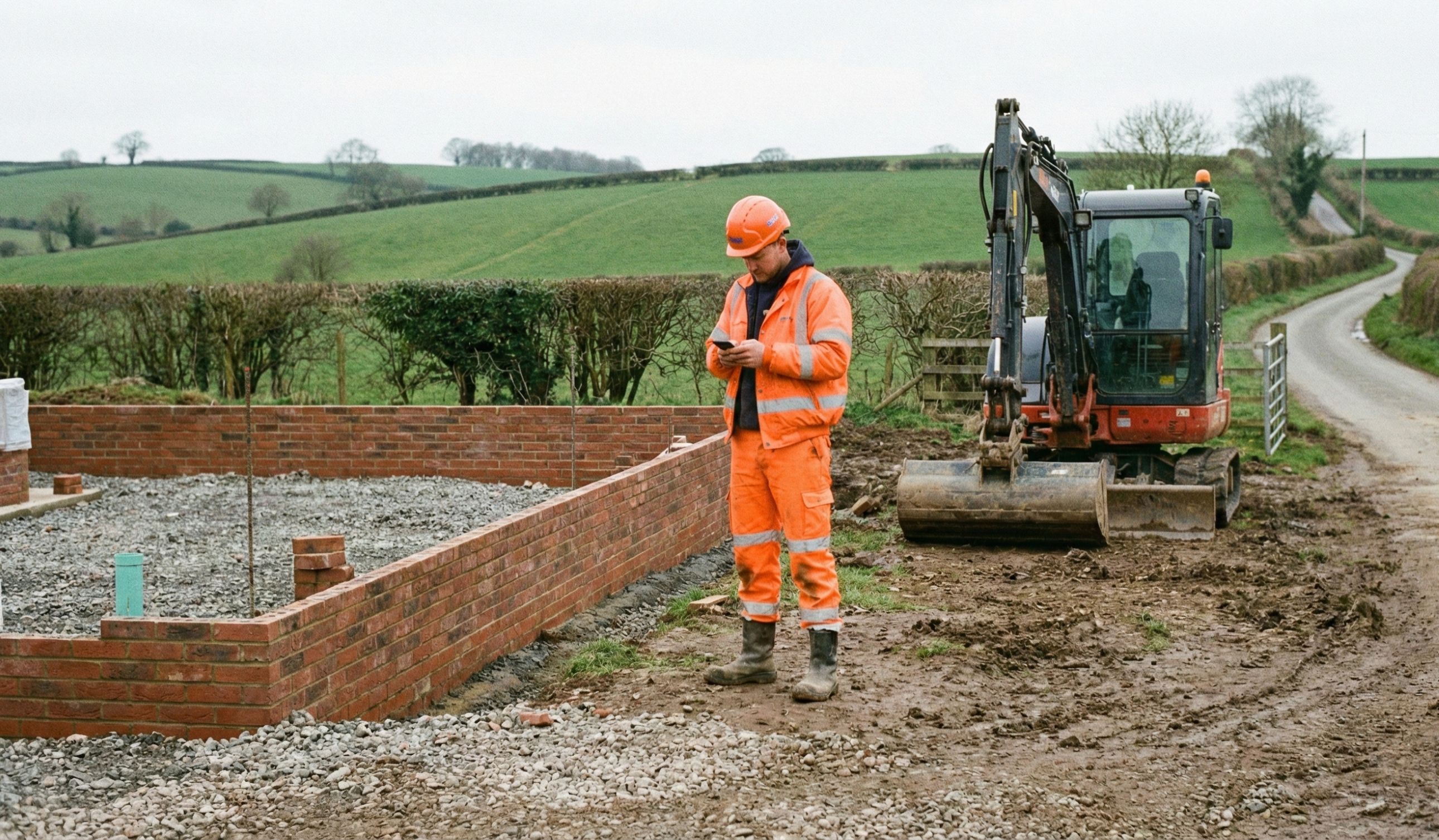 Construction worker in orange high-visibility clothing checking their smartphone on a rural building site, with a mini excavator and rolling green countryside in the background.