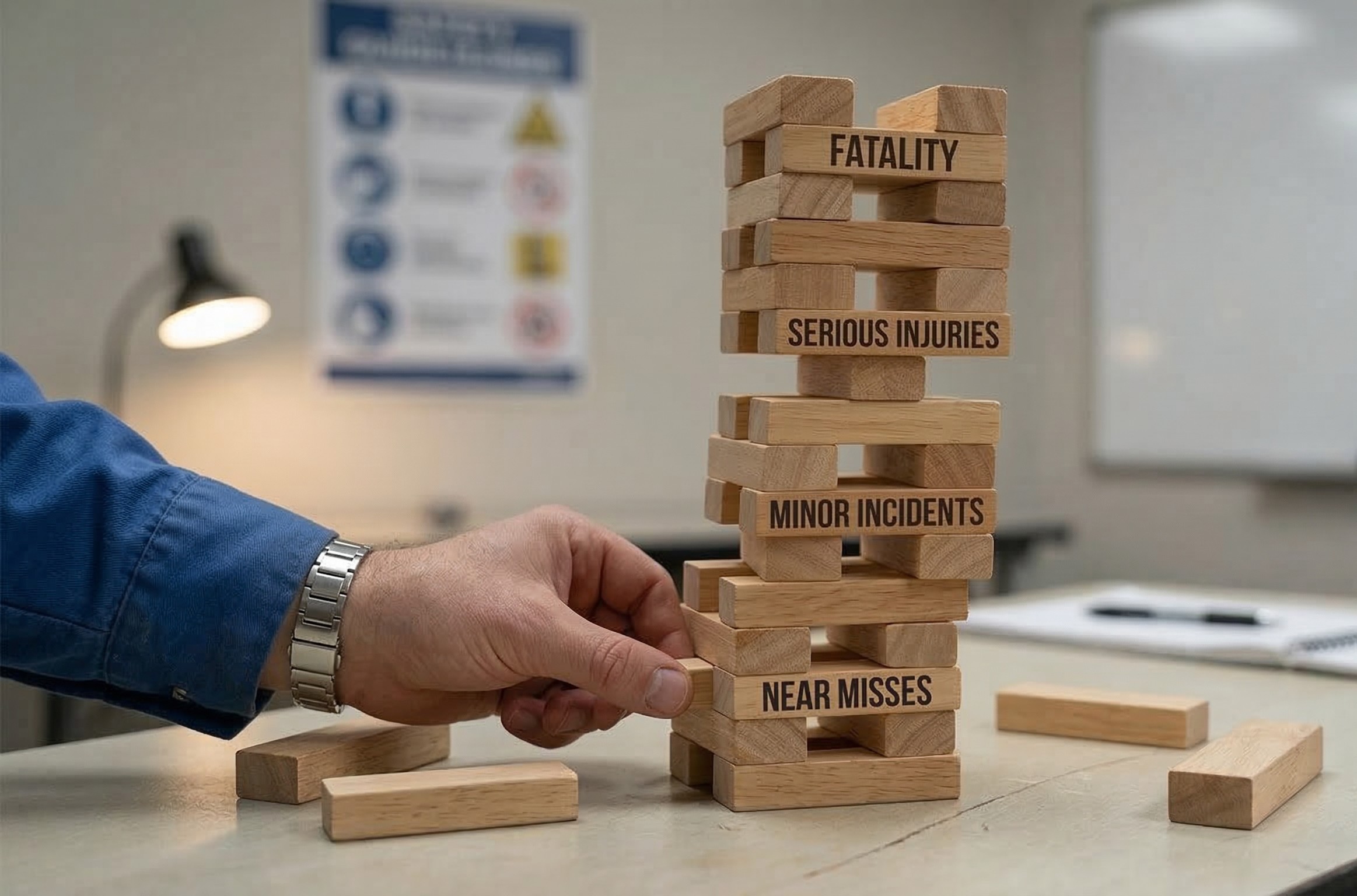 A hand pulling a block from a Jenga tower with blocks labelled Near Misses, Minor Incidents, Serious Injuries, and Fatality — representing how gaps in near-miss reporting destabilise workplace safety data.