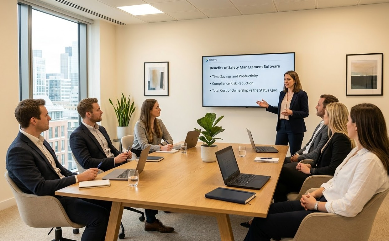 Professionals in a bright modern meeting room discussing the benefits of safety management software, with a presentation on screen showing three key points: Time Savings and Productivity, Compliance Risk Reduction, and Total Cost of Ownership vs the Status Quo.
