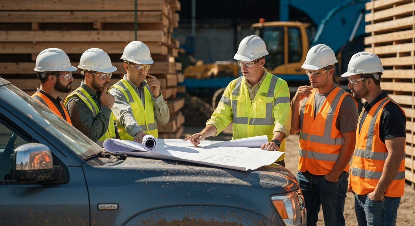 Construction workers in hard hats and high-visibility vests reviewing plans together on a building site