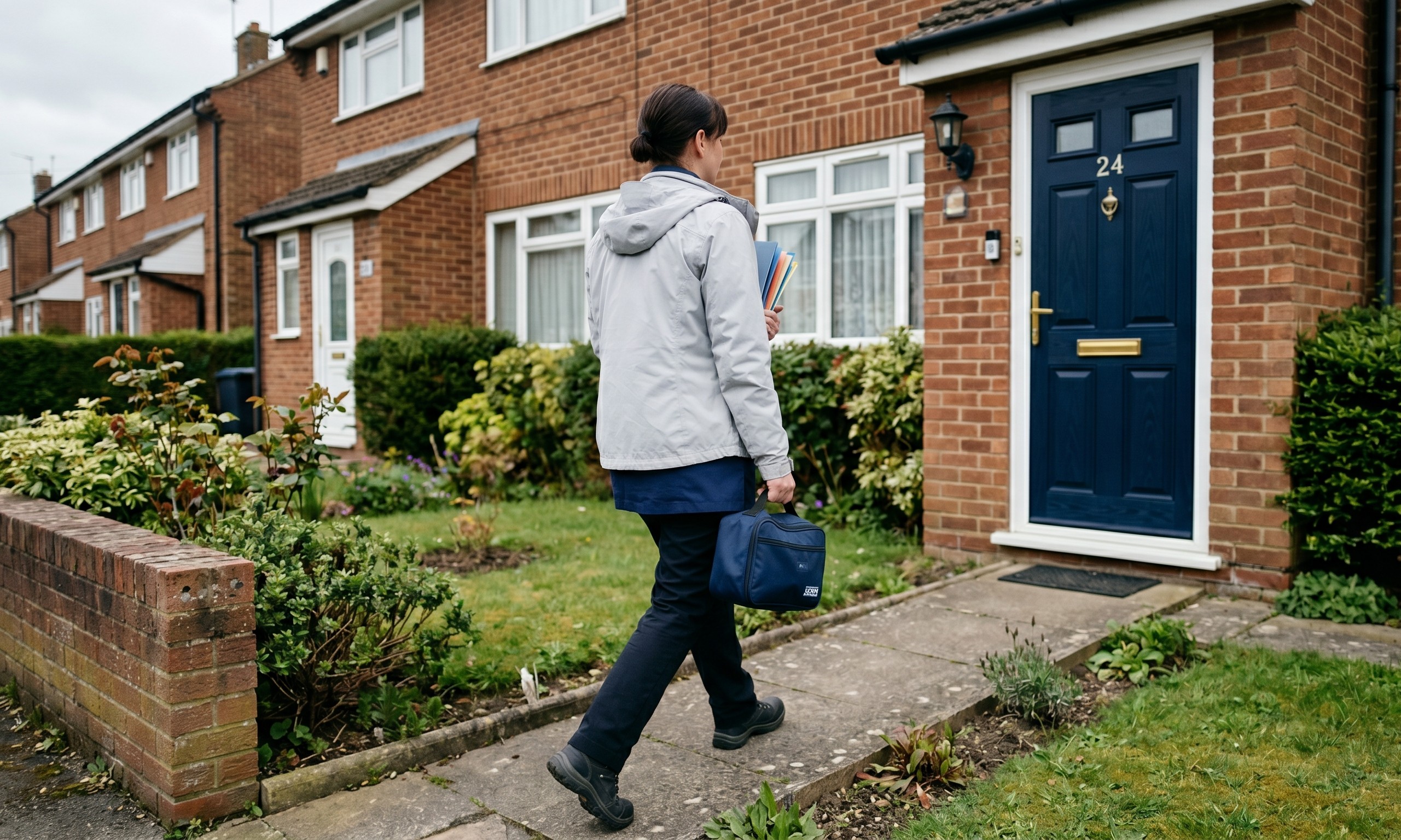 A community care worker approaches a UK residential home alone for a scheduled visit, illustrating the lone-working vulnerability that drives workplace violence and aggression risk in domiciliary care, district nursing, social housing and field service roles.