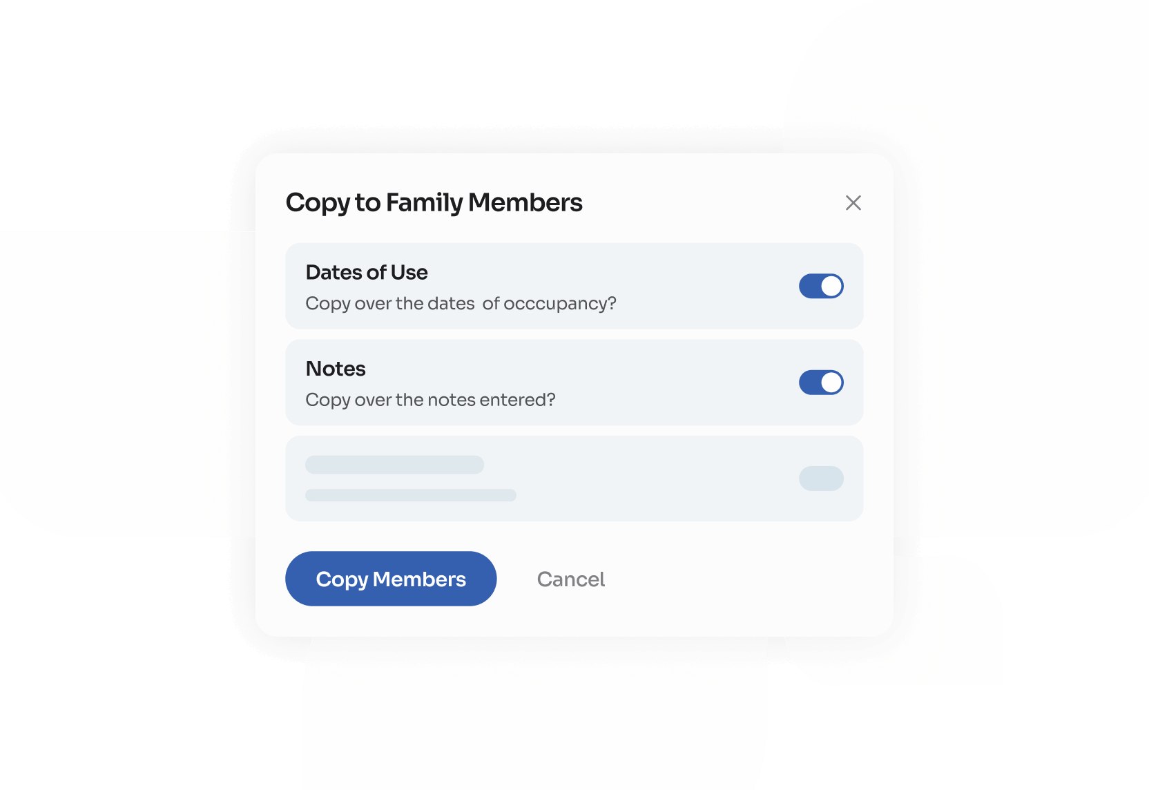 Persimmony software modal window "copy family members"