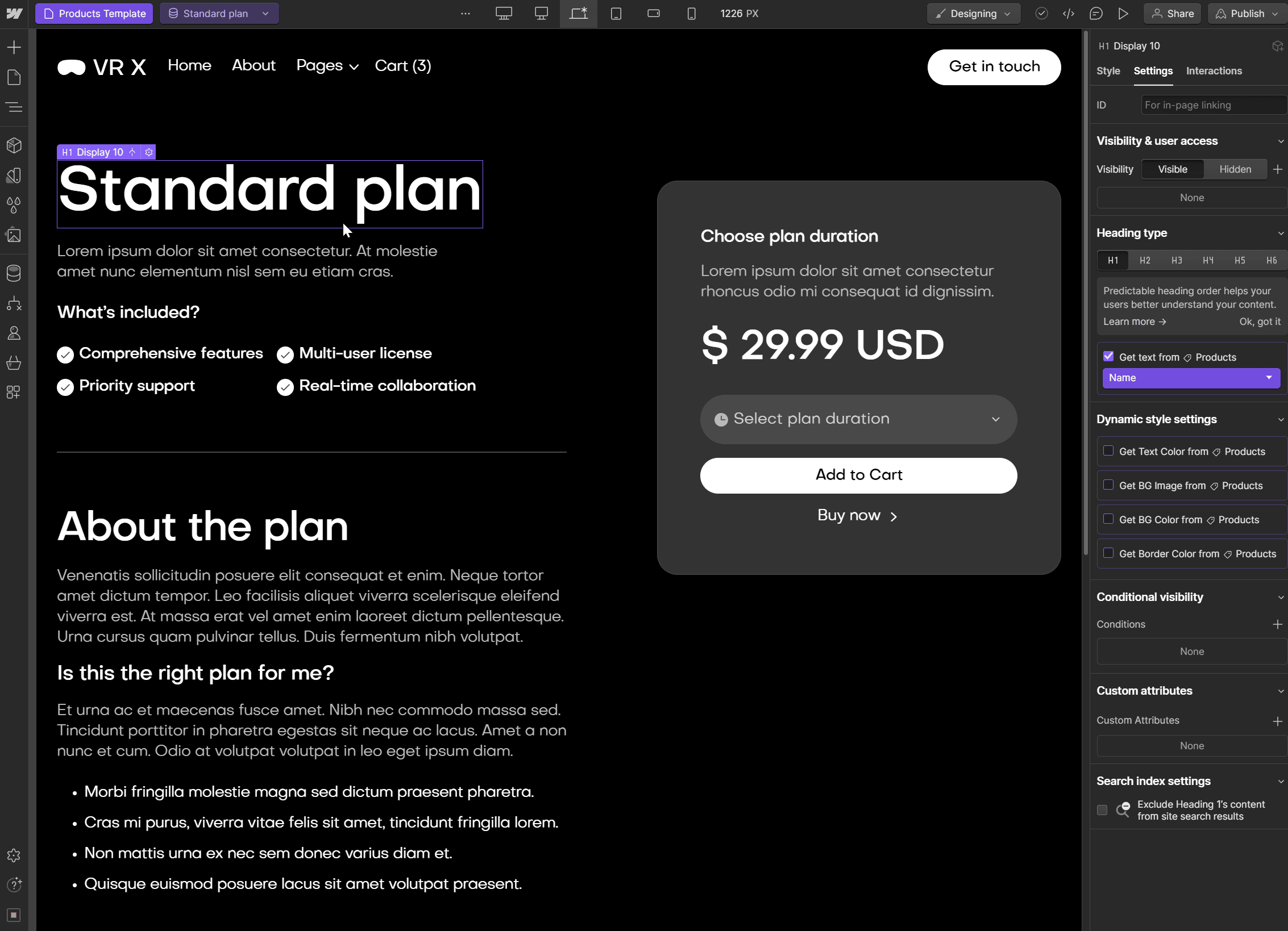 Ecommerce Page - VR X Webflow Template