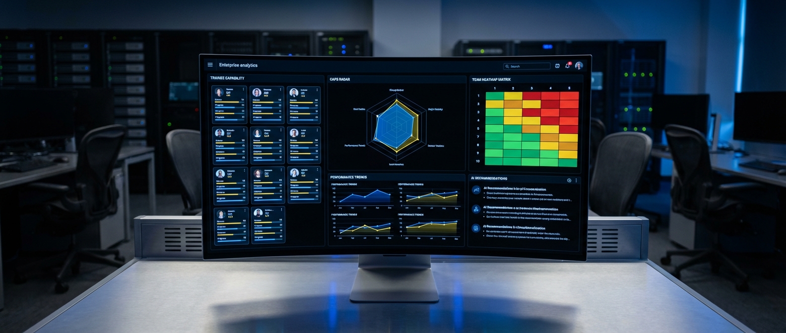 ARK enterprise analytics dashboard with CAPS radar chart, team capability heatmap, performance trends, and AI recommendations