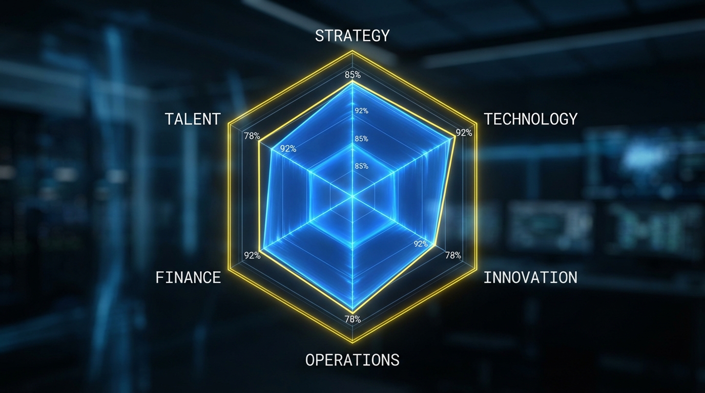 CAPS hexagonal radar chart showing six capability dimensions with blue score polygon and yellow benchmark