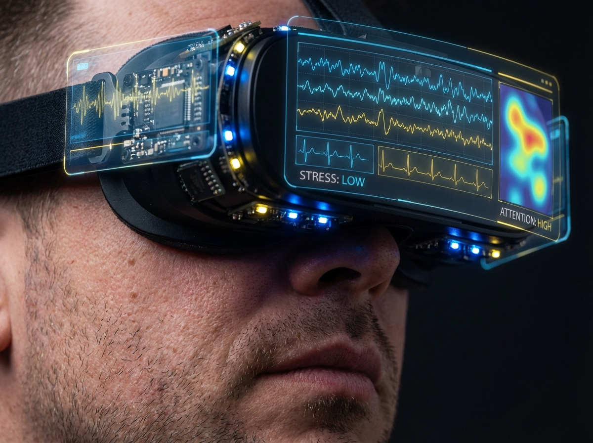 Close-up of VR headset with biometric sensors showing stress, attention, and brain activity data overlays