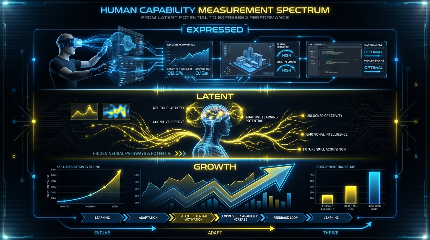 Human capability measurement spectrum showing expressed capability, latent potential, and growth conditions
