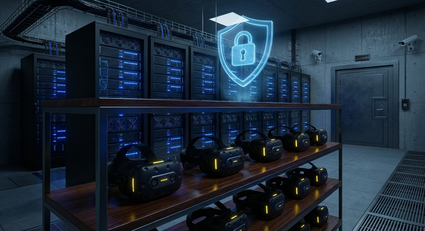 Secure server room with VR headsets and holographic shield icon representing air-gapped on-premises deployment
