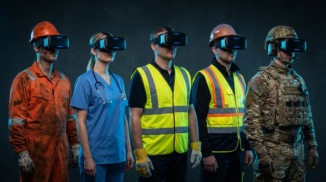 Five professionals from oil and gas, healthcare, manufacturing, construction, and defense wearing VR headsets for capability training