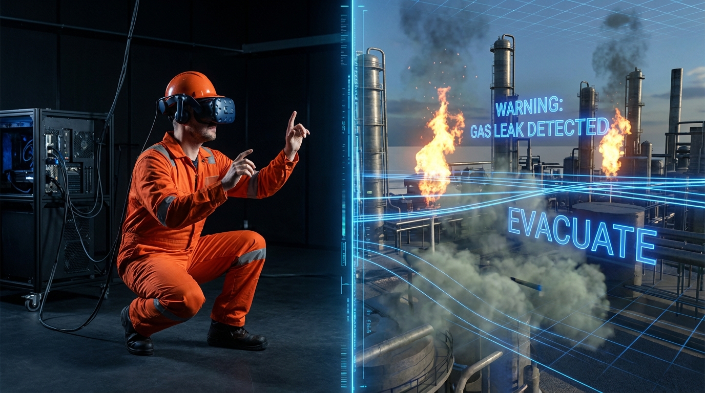 Split view of VR training simulation - worker in VR headset alongside virtual oil refinery emergency scenario