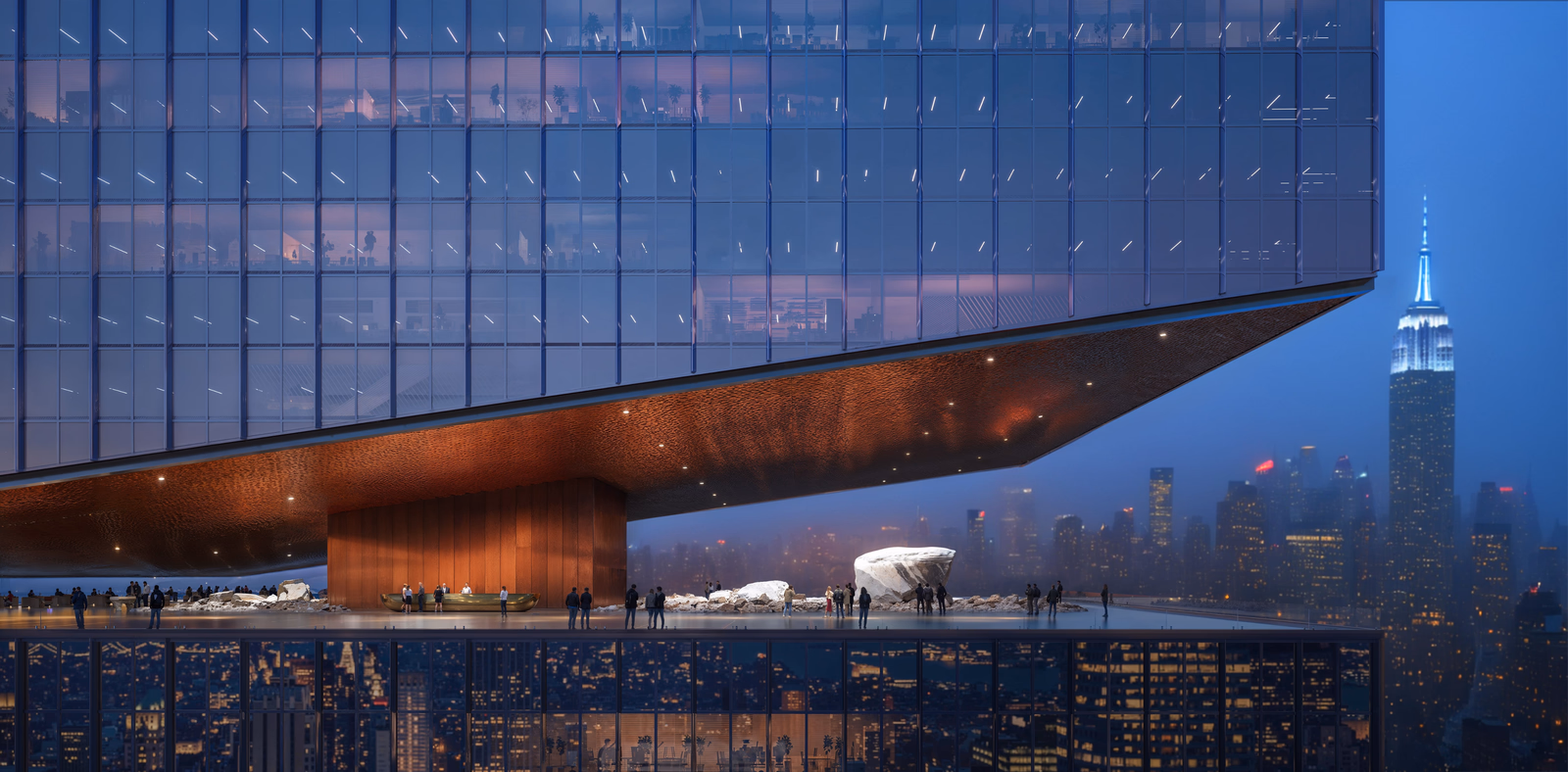 High-end architectural visualization of a futuristic skyscraper terrace in New York City, featuring dramatic cantilever design, illuminated glass facade, and Empire State Building view — photorealistic CGI by HISM Studio