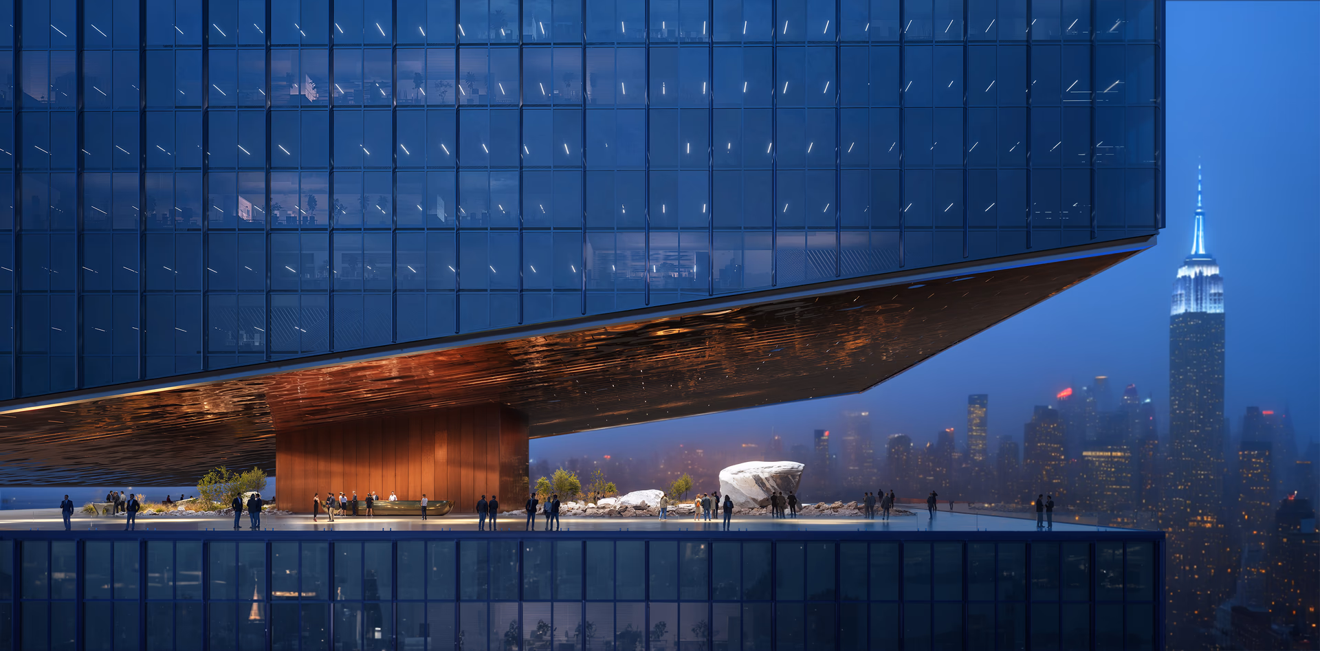 Architectural 3D visualization by HISM of a cantilevered terrace at Kinko Tower, New York — showcasing panoramic skyline views with the Empire State Building, ideal for developers and architects working on premium high-rise urban design.