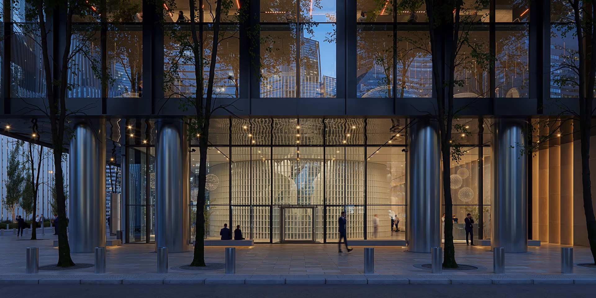 High-end 3D architectural visualization by HISM of the premium office lobby at Kinko Tower, New York — featuring a modern glass façade, reflective structural columns, and curated urban landscaping for luxury commercial development.

