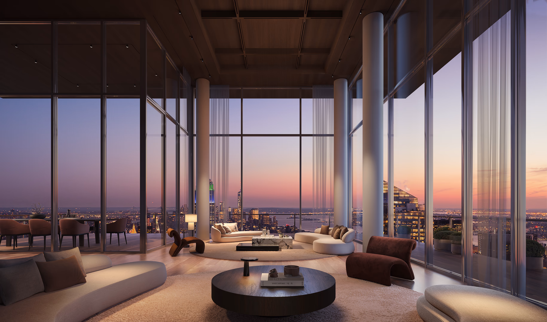 Photorealistic 3D interior visualization by HISM of a luxury penthouse in Kinko Tower, New York — featuring floor-to-ceiling windows, refined modern design, and panoramic sunset views over Manhattan for premium residential real estate and architectural firms.

