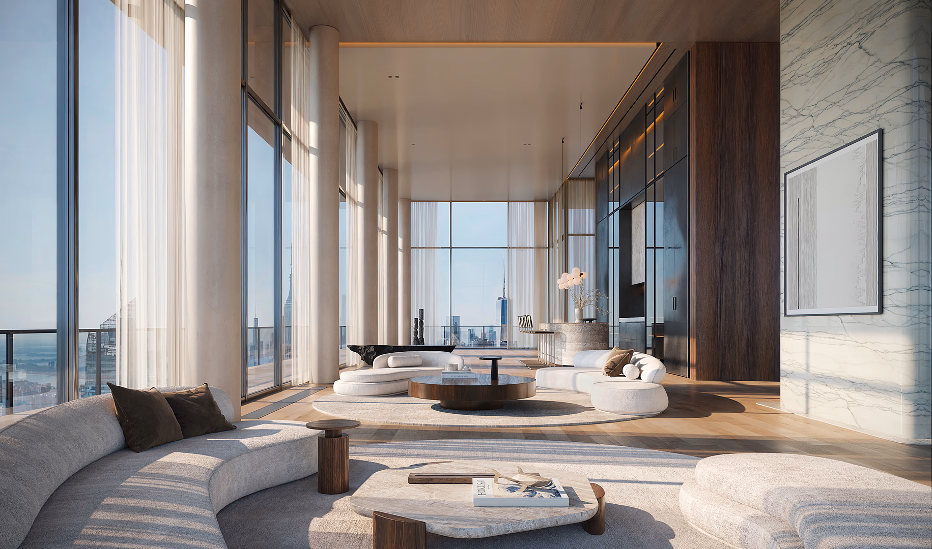 High-end interior 3D visualization by HISM of a daylight-filled penthouse in Kinko Tower, New York — featuring contemporary furnishings, marble details, and expansive skyline views for luxury real estate and architectural design.