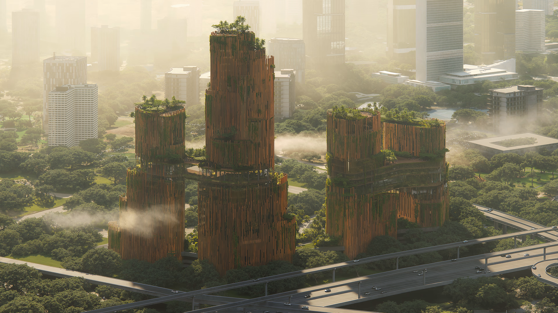 Conceptual 3D architectural visualization by HISM of eco-urban towers in Manila, Philippines, designed by Ricardo Bofill Taller de Arquitectura — featuring vertical forests and elevated green platforms for sustainable urban megastructures.

