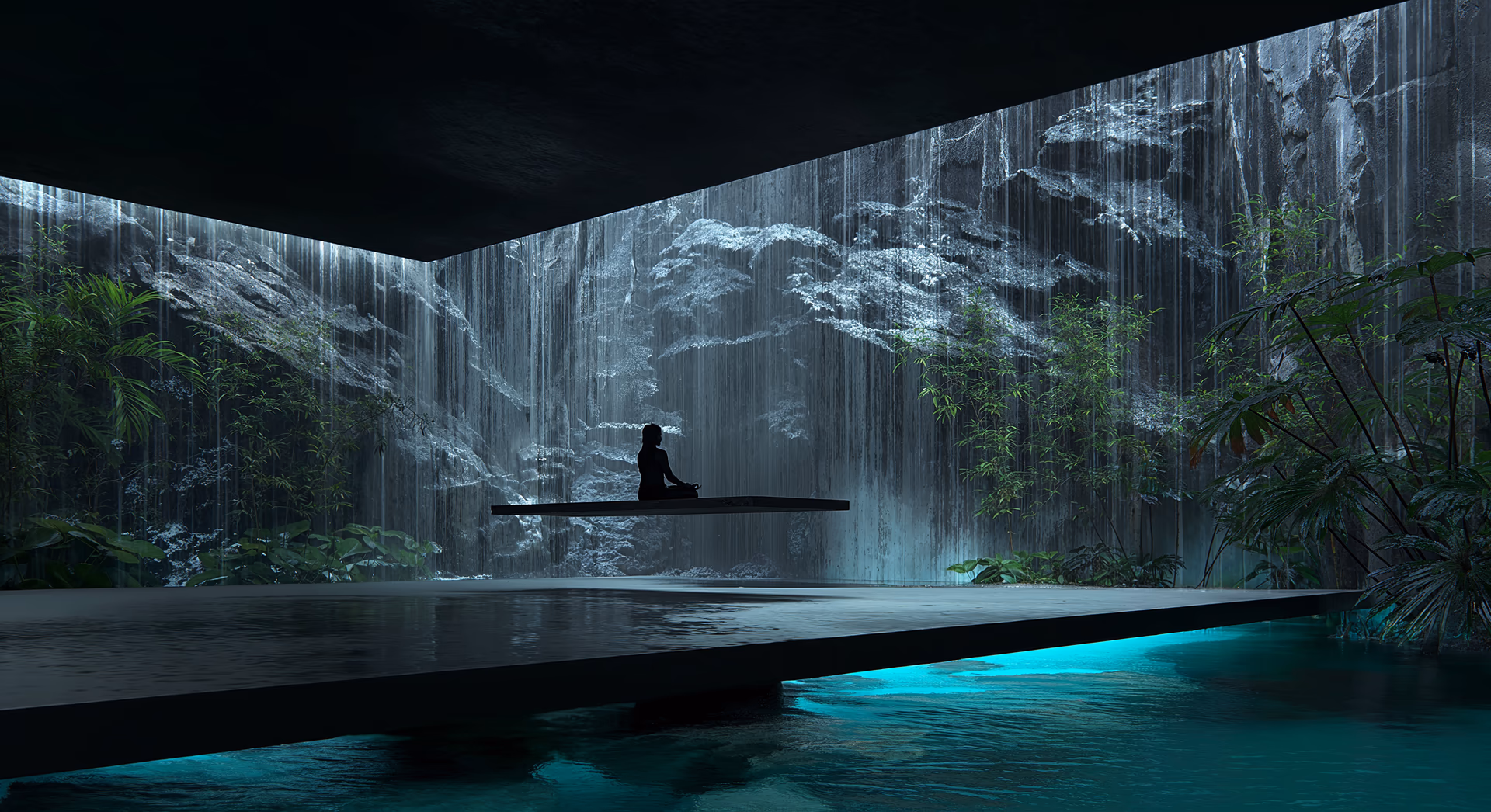 Atmospheric 3D architectural visualization by HISM of AlUla Resort in Saudi Arabia — showcasing a floating platform, waterfalls, and natural rock formations, created for luxury hospitality developers and architects focused on immersive nature-connected retreat design.