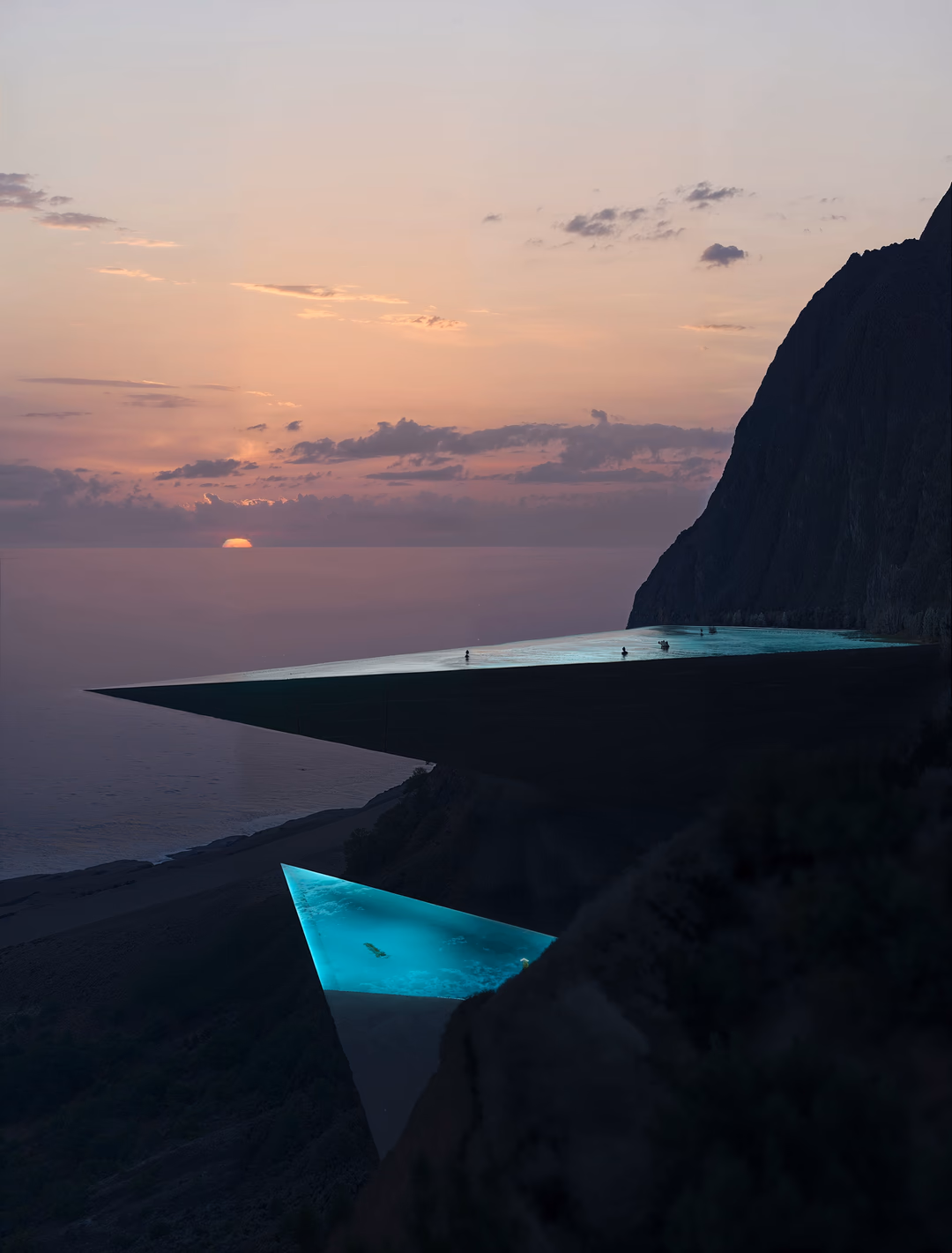 architectural visualization of AlUla Resort, Saudi Arabia, featuring a dramatic cliffside infinity pool at sunset. The cantilevered design extends over the edge, merging seamlessly with the mountainous landscape. A high-end render capturing the essence of luxury, exclusivity, and bold architectural innovation.