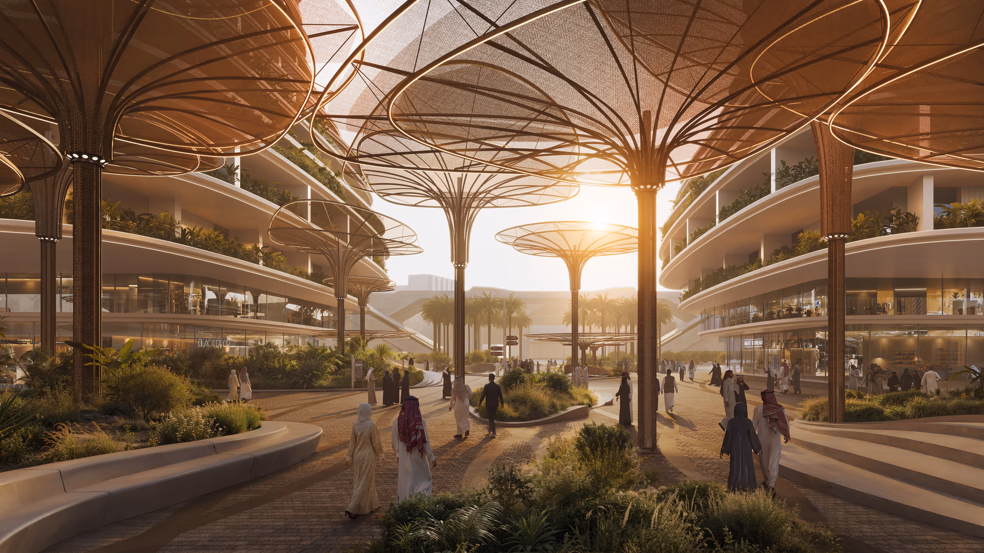 3D architectural visualization by HISM of Expo City Plaza in Dubai, designed by UNStudio — featuring organic shading structures, lush greenery, and layered commercial spaces for developers and architects creating innovative, climate-responsive urban environments.