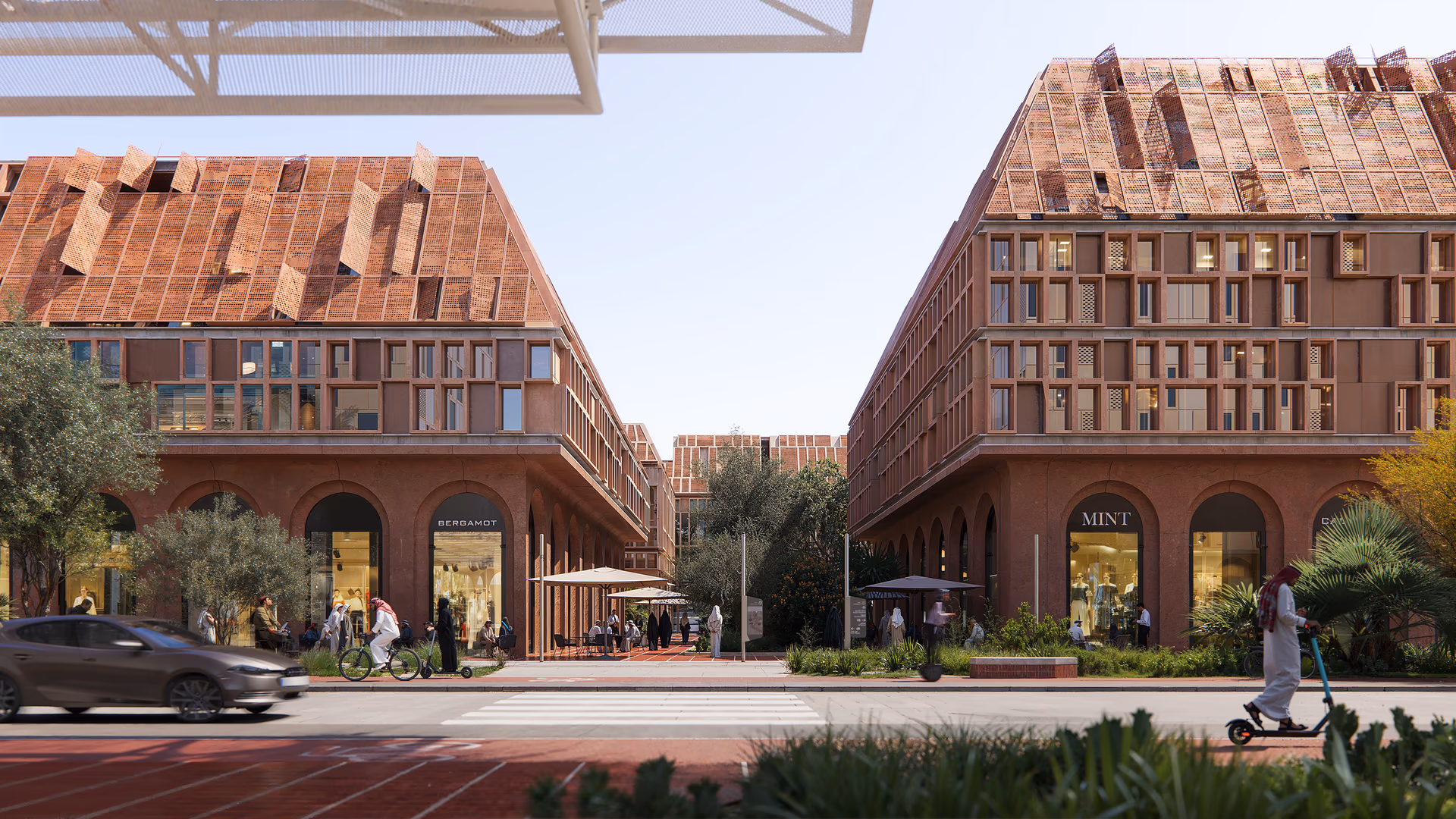 Evening 3D architectural visualization by HISM of a mixed-use development in Expo City, Dubai, designed by UNStudio — featuring landscaped streets, urban mobility, and sustainable architecture for vibrant live-work city planning.