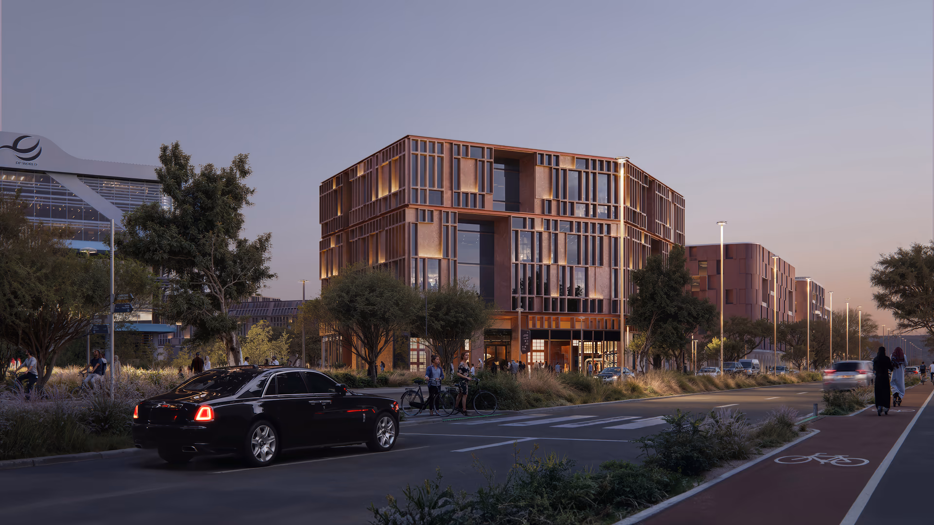 Architectural rendering of a modern mixed-use development in Expo City, Dubai, at dusk, designed by UNStudio — showcasing urban mobility, landscaped streets, and sustainable architecture aimed at developers and city planners creating vibrant live-work environments.