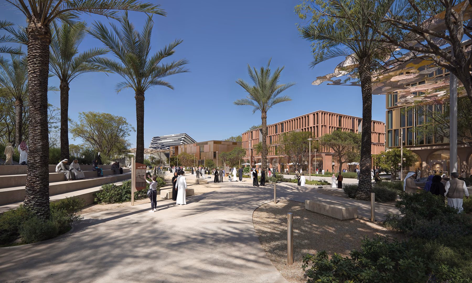 Daytime 3D architectural visualization by HISM of a pedestrian-friendly public space in Expo City, Dubai, designed by UNStudio — featuring shaded walkways, palm trees, and sustainable landscaping for human-centric urban development.