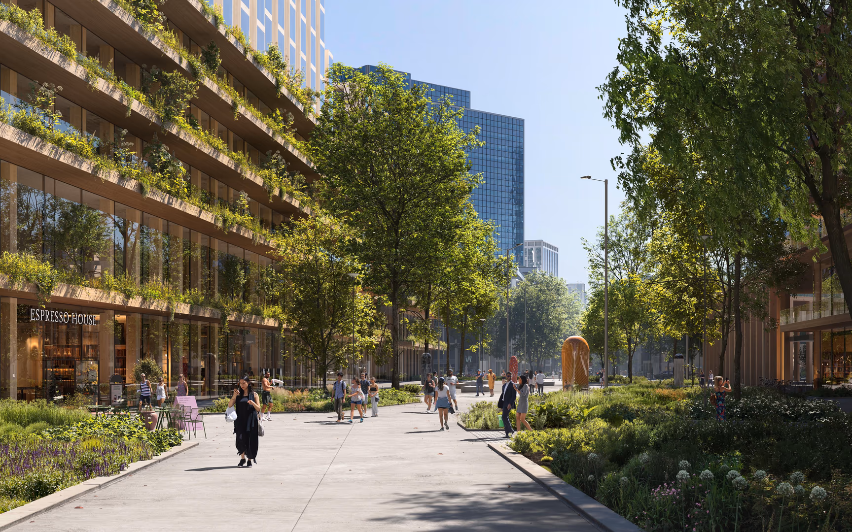 3D architectural visualization by HISM of a renovated urban street in the USA — featuring green public areas, retail façades, and walkable pathways, created for architects and developers focused on sustainable mixed-use urban regeneration.

