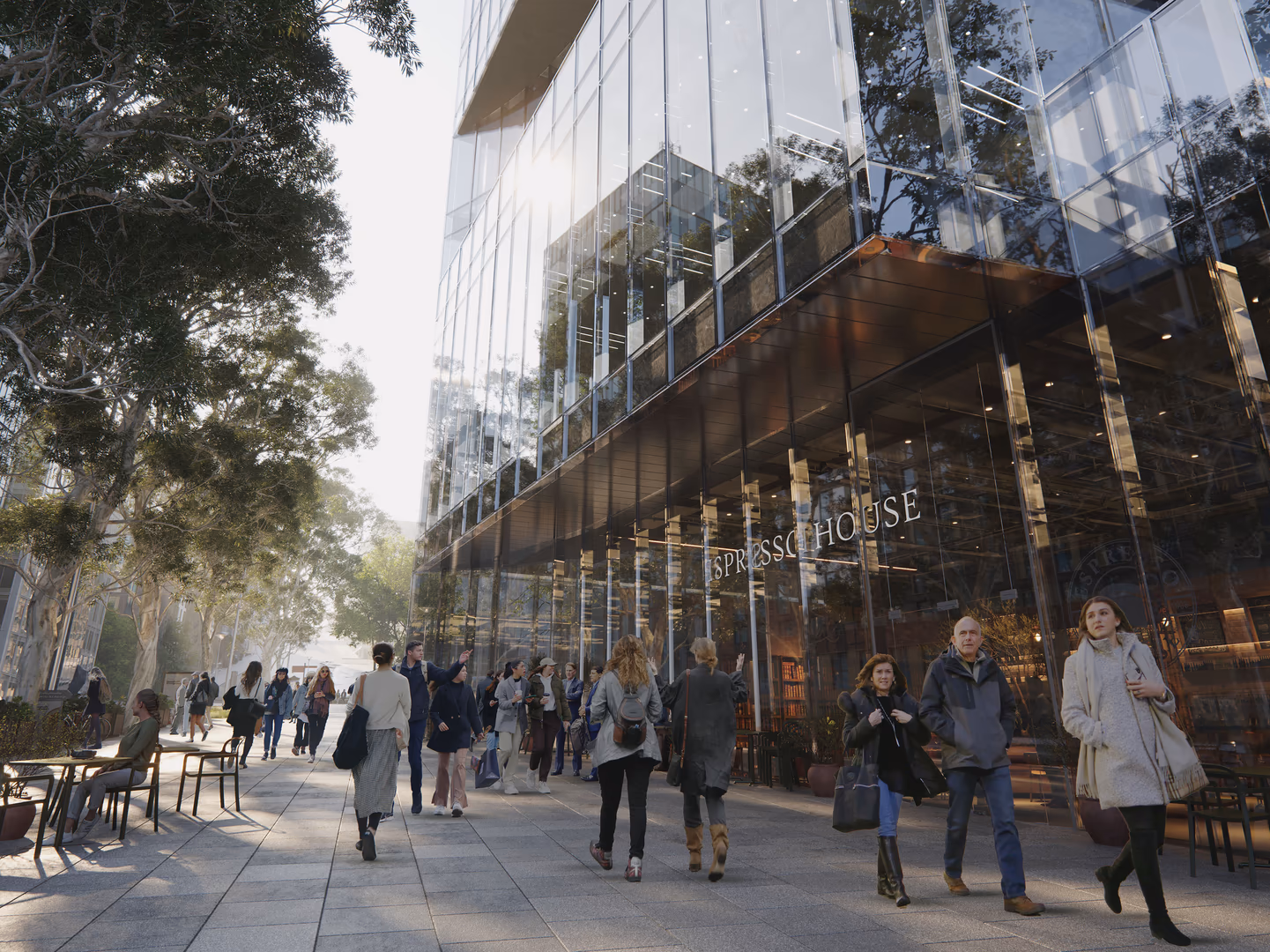 3D architectural visualization by HISM of a contemporary office building in the USA — featuring a reflective glass façade, street-level retail, and active pedestrian environment for modern commercial real estate development.